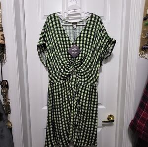 1X blue,green,and cream checkered drop shoulder dress